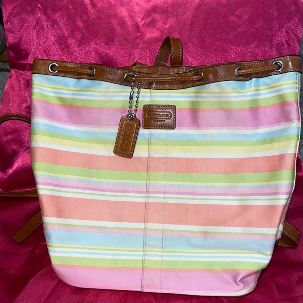 Authentic Coach Signature Stripe Canvas and Leather Backpack